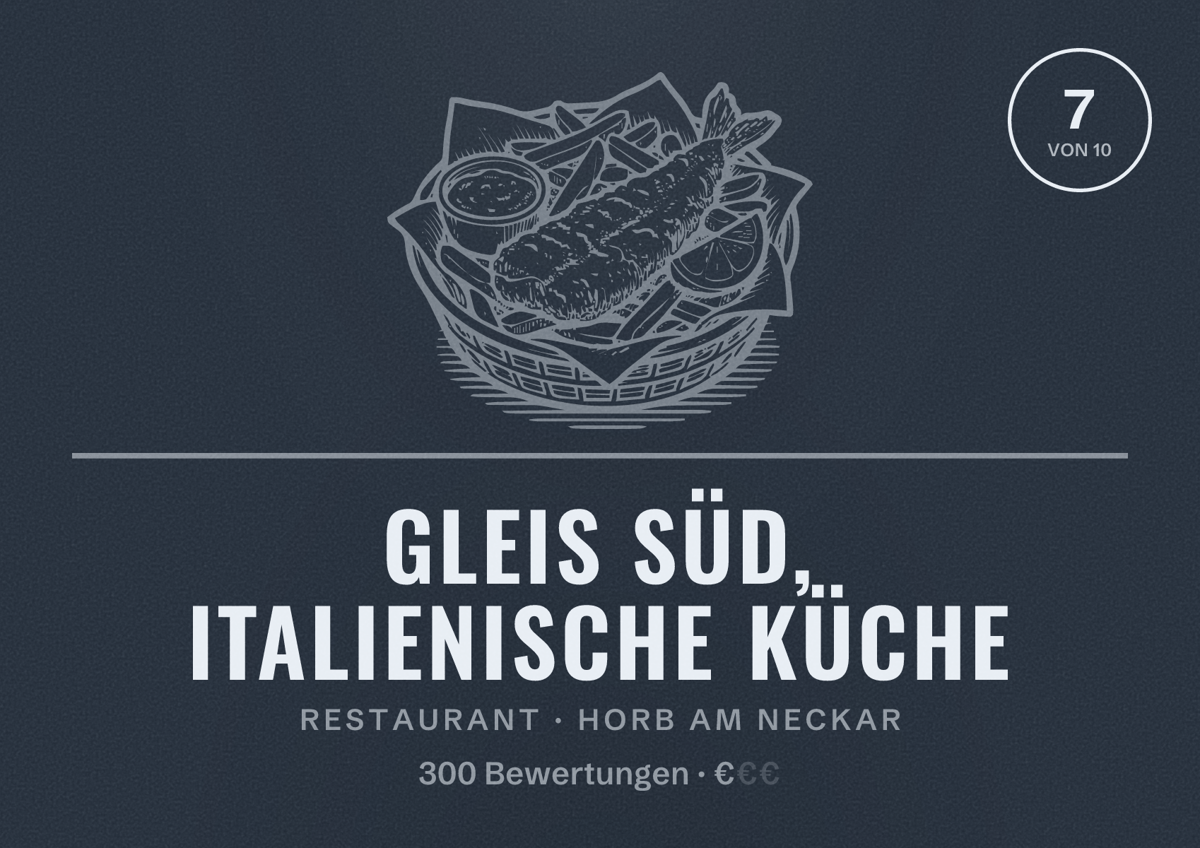 Illustriertes Poster von Gleis Süd, italienische Küche, Restaurant in Horb am Neckar: Bewertung 7 von 10 aus 300 Bewertungen, Preisniveau €