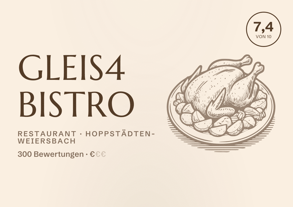 Illustriertes Poster von Gleis4 Bistro, Restaurant in Hoppstädten-Weiersbach: Bewertung 7,4 von 10 aus 300 Bewertungen, Preisniveau €