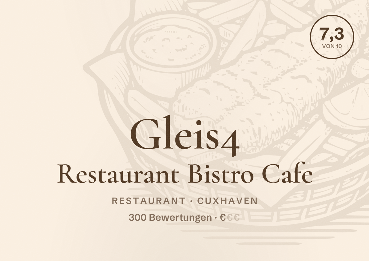 Illustriertes Poster von Gleis4 Restaurant Bistro Cafe, Restaurant in Cuxhaven: Bewertung 7,3 von 10 aus 300 Bewertungen, Preisniveau €