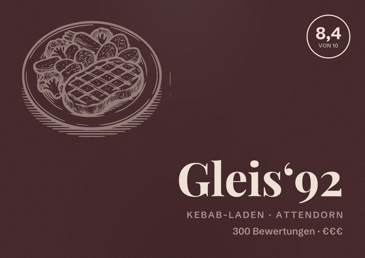 Illustriertes Poster von Gleis‘92, Kebab-Laden in Attendorn: Bewertung 8,4 von 10 aus 300 Bewertungen, Preisniveau €€€