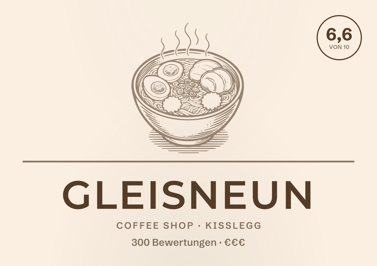 Illustriertes Poster von Gleisneun, Coffee Shop in Kißlegg: Bewertung 6,6 von 10 aus 300 Bewertungen, Preisniveau €€€
