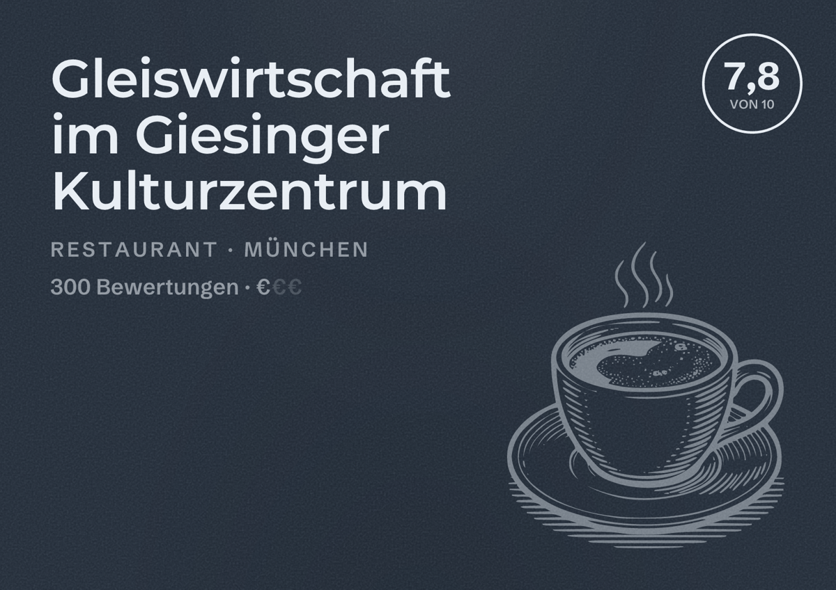 Illustriertes Poster von Gleiswirtschaft im Giesinger Kulturzentrum, Restaurant in München: Bewertung 7,8 von 10 aus 300 Bewertungen, Preisniveau €