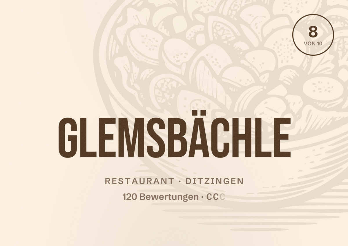 Illustriertes Poster von Glemsbächle, Restaurant in Ditzingen: Bewertung 8 von 10 aus 120 Bewertungen, Preisniveau €€