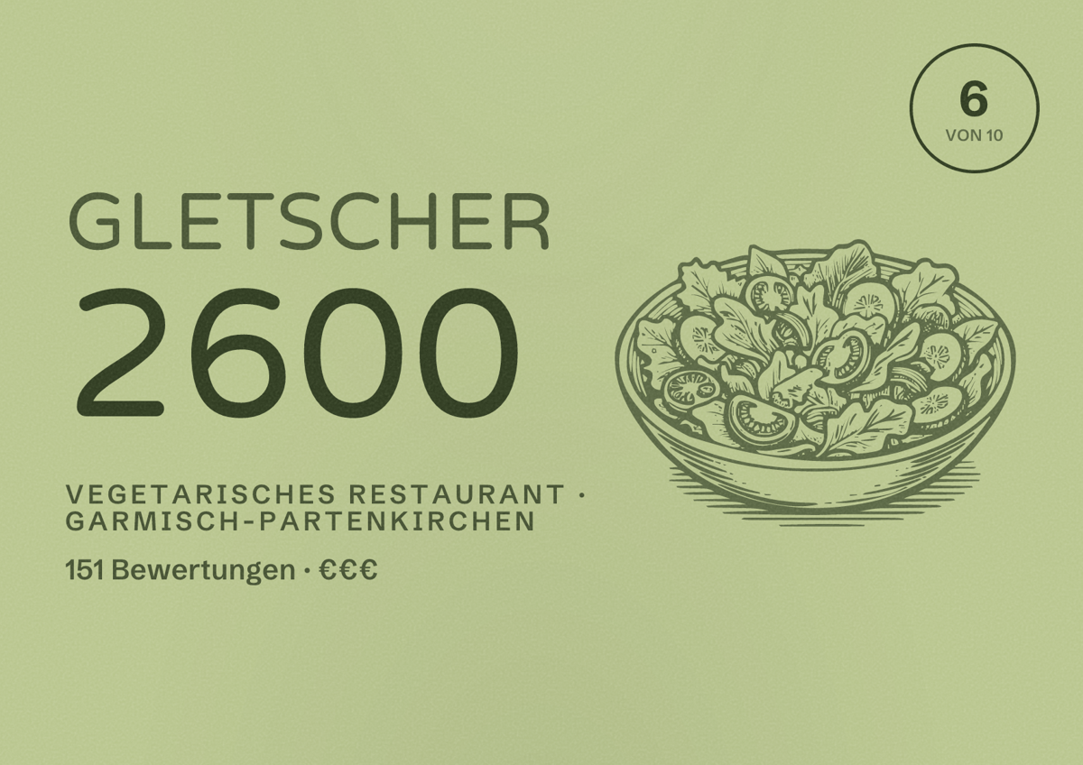 Illustriertes Poster von Gletscher 2600, Vegetarisches Restaurant in Garmisch-Partenkirchen: Bewertung 6 von 10 aus 151 Bewertungen, Preisniveau €€€