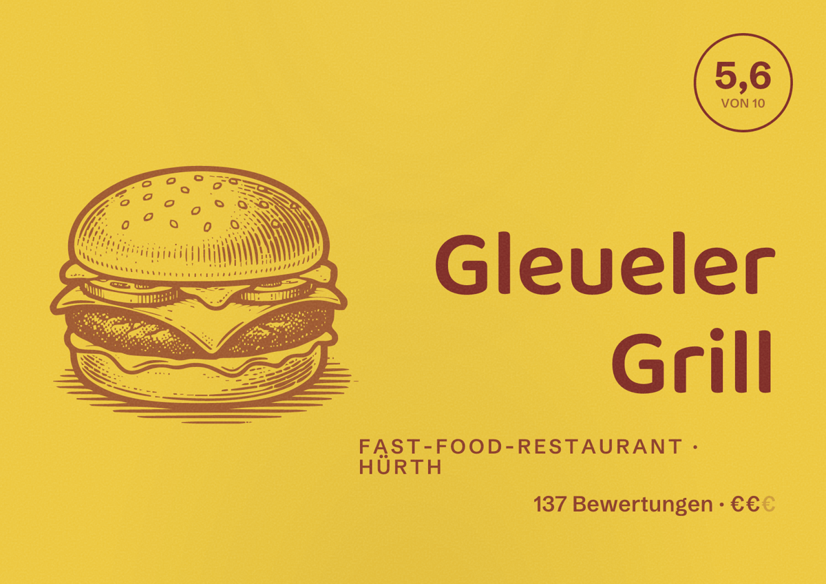 Illustriertes Poster von Gleueler Grill, Fast-Food-Restaurant in Hürth: Bewertung 5,6 von 10 aus 137 Bewertungen, Preisniveau €€