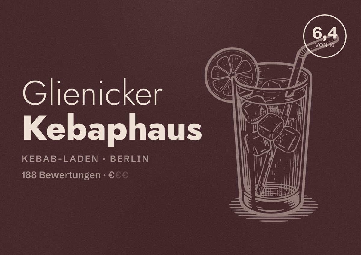 Illustriertes Poster von Glienicker Kebaphaus, Kebab-Laden in Berlin: Bewertung 6,4 von 10 aus 188 Bewertungen, Preisniveau €