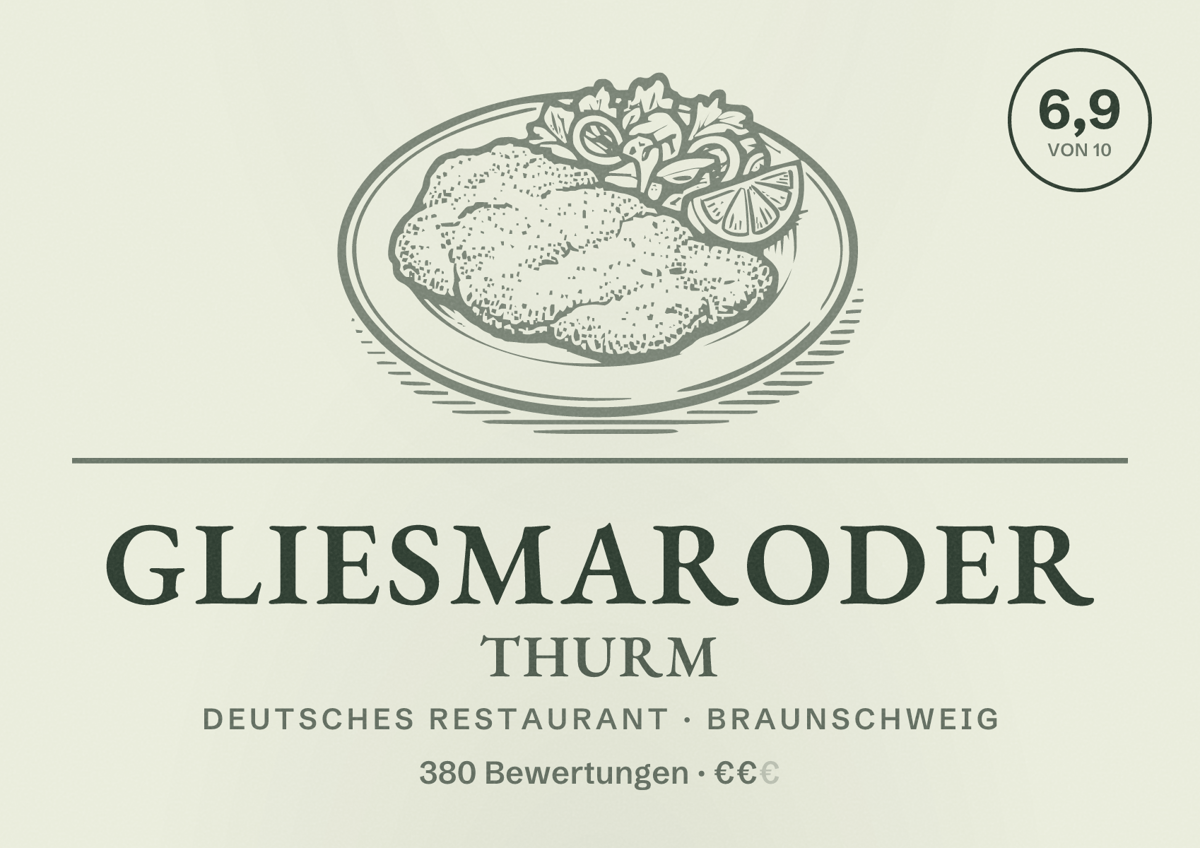 Illustriertes Poster von Gliesmaroder Thurm, Deutsches Restaurant in Braunschweig: Bewertung 6,9 von 10 aus 380 Bewertungen, Preisniveau €€