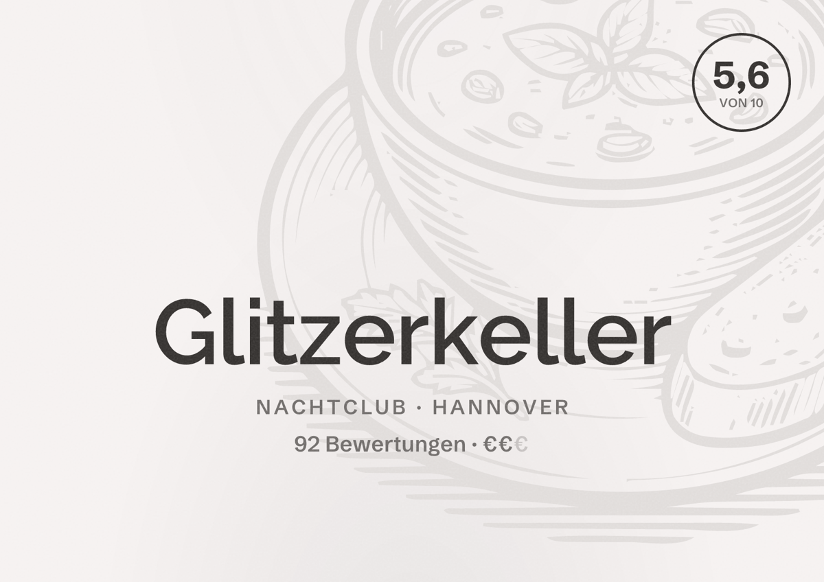 Illustriertes Poster von Glitzerkeller, Nachtclub in Hannover: Bewertung 5,6 von 10 aus 92 Bewertungen, Preisniveau €€