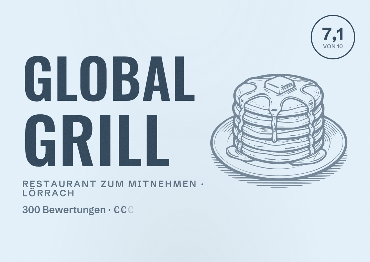 Illustriertes Poster von Global Grill, Restaurant zum Mitnehmen in Lörrach: Bewertung 7,1 von 10 aus 300 Bewertungen, Preisniveau €€