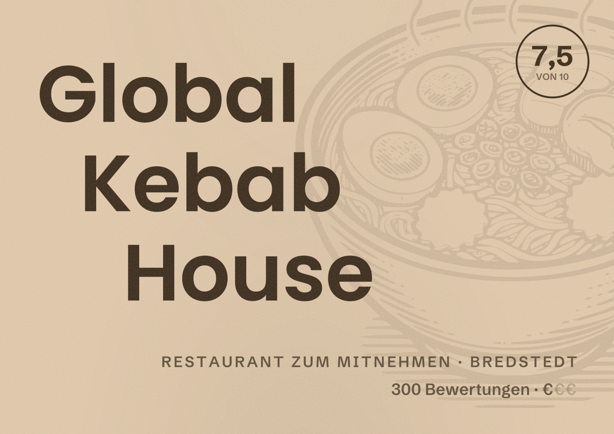 Illustriertes Poster von Global Kebab House, Restaurant zum Mitnehmen in Bredstedt: Bewertung 7,5 von 10 aus 300 Bewertungen, Preisniveau €
