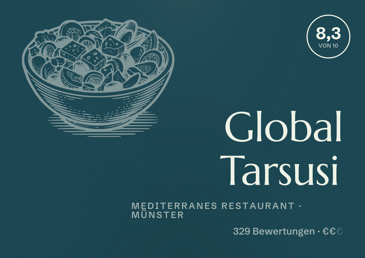 Illustriertes Poster von Global Tarsusi, Mediterranes Restaurant in Münster: Bewertung 8,3 von 10 aus 329 Bewertungen, Preisniveau €€
