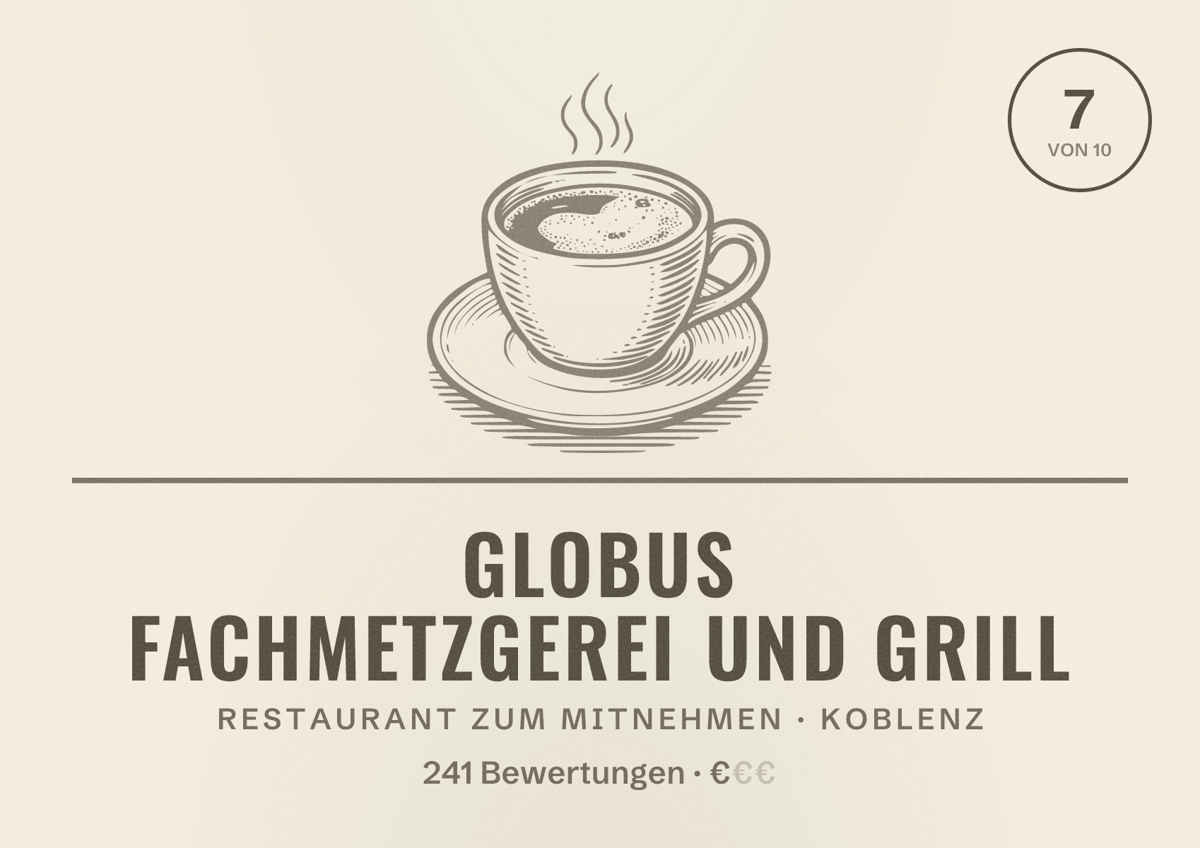 Illustriertes Poster von GLOBUS Fachmetzgerei und Grill, Restaurant zum Mitnehmen in Koblenz: Bewertung 7 von 10 aus 241 Bewertungen, Preisniveau €