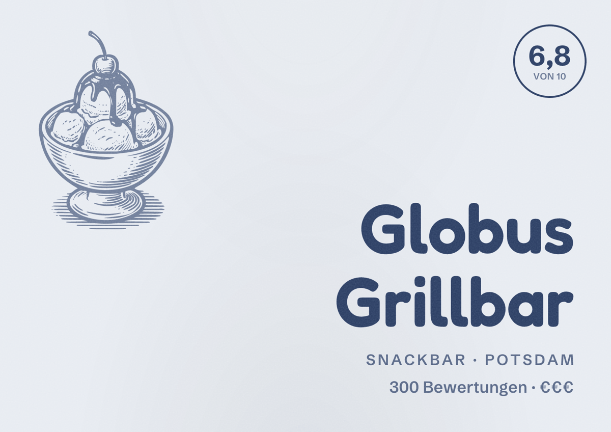 Illustriertes Poster von Globus Grillbar, Snackbar in Potsdam: Bewertung 6,8 von 10 aus 300 Bewertungen, Preisniveau €€€