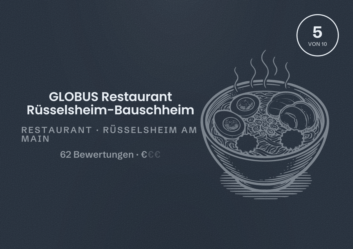 Illustriertes Poster von GLOBUS Restaurant Rüsselsheim-Bauschheim, Restaurant in Rüsselsheim am Main: Bewertung 5 von 10 aus 62 Bewertungen, Preisniveau €