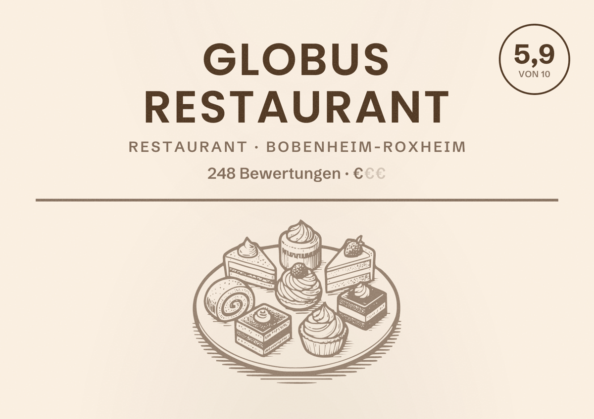 Illustriertes Poster von GLOBUS Restaurant, Restaurant in Bobenheim-Roxheim: Bewertung 5,9 von 10 aus 248 Bewertungen, Preisniveau €