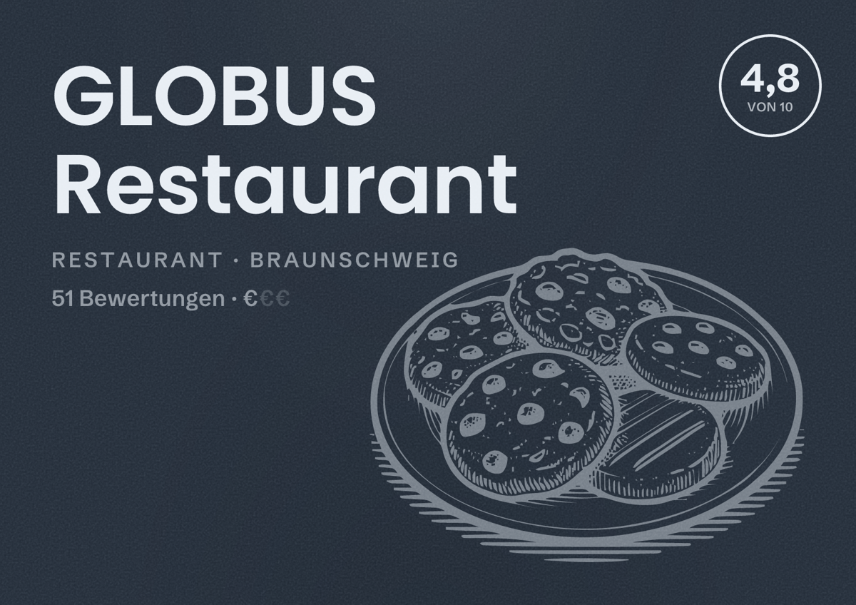 Illustriertes Poster von GLOBUS Restaurant, Restaurant in Braunschweig: Bewertung 4,8 von 10 aus 51 Bewertungen, Preisniveau €