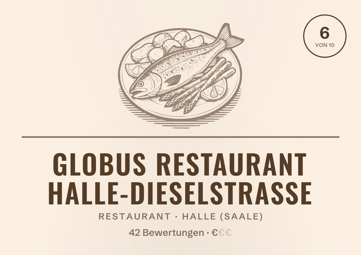Illustriertes Poster von GLOBUS Restaurant Halle-Dieselstraße, Restaurant in Halle (Saale): Bewertung 6 von 10 aus 42 Bewertungen, Preisniveau €