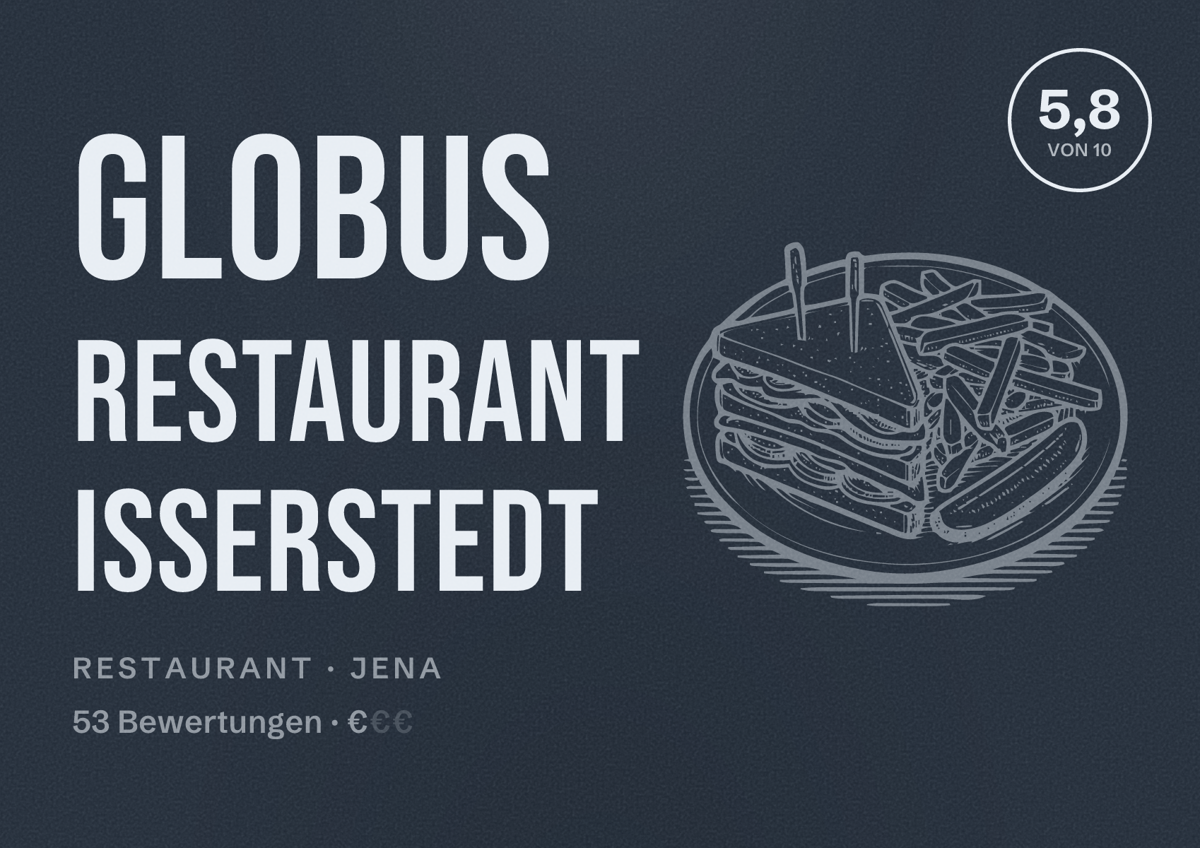 Illustriertes Poster von GLOBUS Restaurant Isserstedt, Restaurant in Jena: Bewertung 5,8 von 10 aus 53 Bewertungen, Preisniveau €