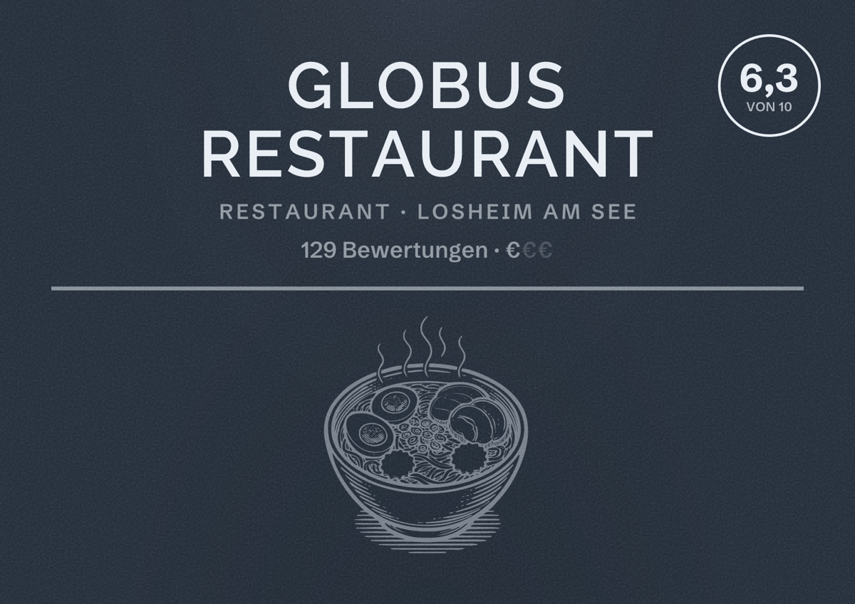 Illustriertes Poster von GLOBUS Restaurant, Restaurant in Losheim am See: Bewertung 6,3 von 10 aus 129 Bewertungen, Preisniveau €