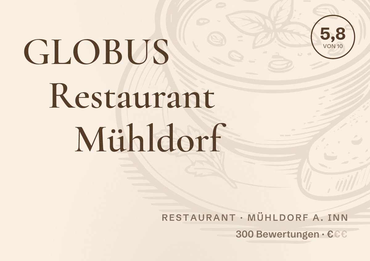 Illustriertes Poster von GLOBUS Restaurant Mühldorf, Restaurant in Mühldorf a. Inn: Bewertung 5,8 von 10 aus 300 Bewertungen, Preisniveau €