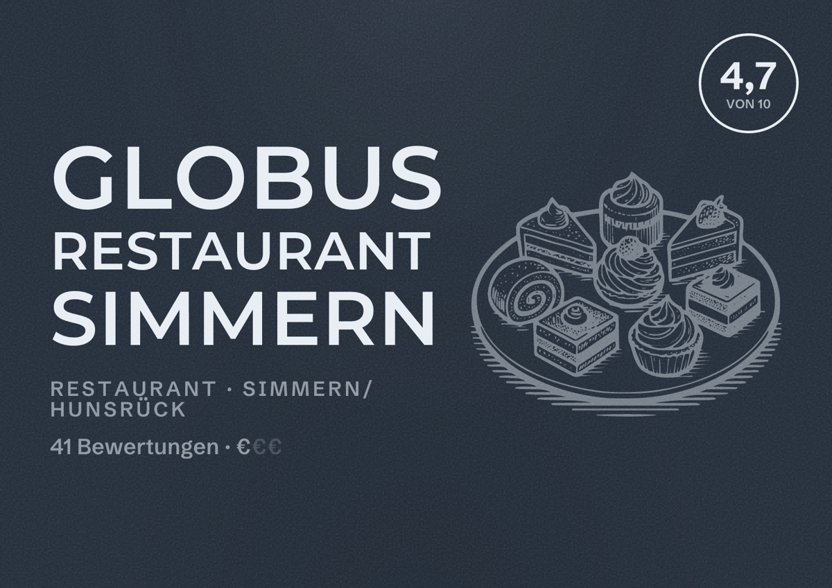 Illustriertes Poster von GLOBUS Restaurant Simmern, Restaurant in Simmern/Hunsrück: Bewertung 4,7 von 10 aus 41 Bewertungen, Preisniveau €