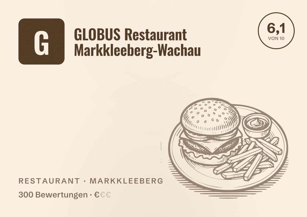 Illustriertes Poster von GLOBUS Restaurant Markkleeberg-Wachau, Restaurant in Markkleeberg: Bewertung 6,1 von 10 aus 300 Bewertungen, Preisniveau €