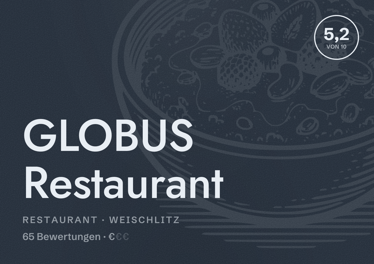 Illustriertes Poster von GLOBUS Restaurant, Restaurant in Weischlitz: Bewertung 5,2 von 10 aus 65 Bewertungen, Preisniveau €