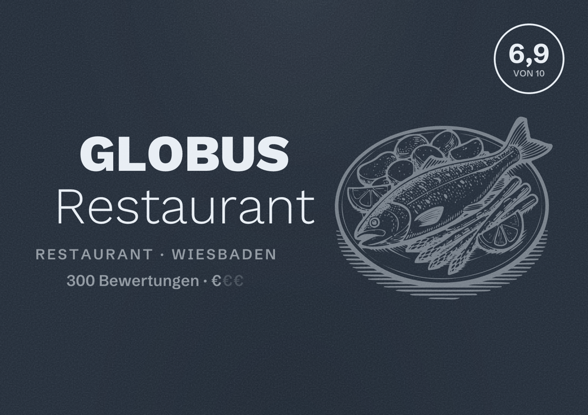 Illustriertes Poster von GLOBUS Restaurant, Restaurant in Wiesbaden: Bewertung 6,9 von 10 aus 300 Bewertungen, Preisniveau €