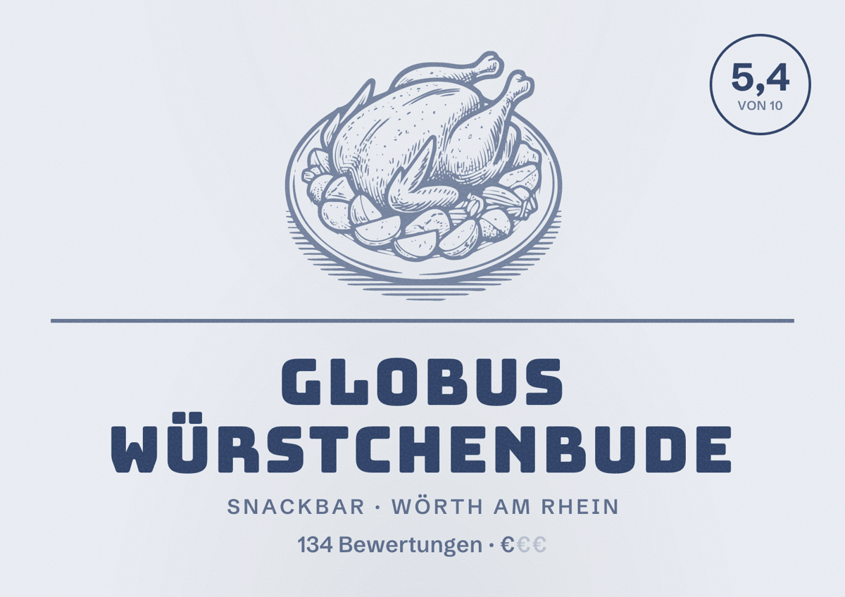 Illustriertes Poster von Globus Würstchenbude, Snackbar in Wörth am Rhein: Bewertung 5,4 von 10 aus 134 Bewertungen, Preisniveau €