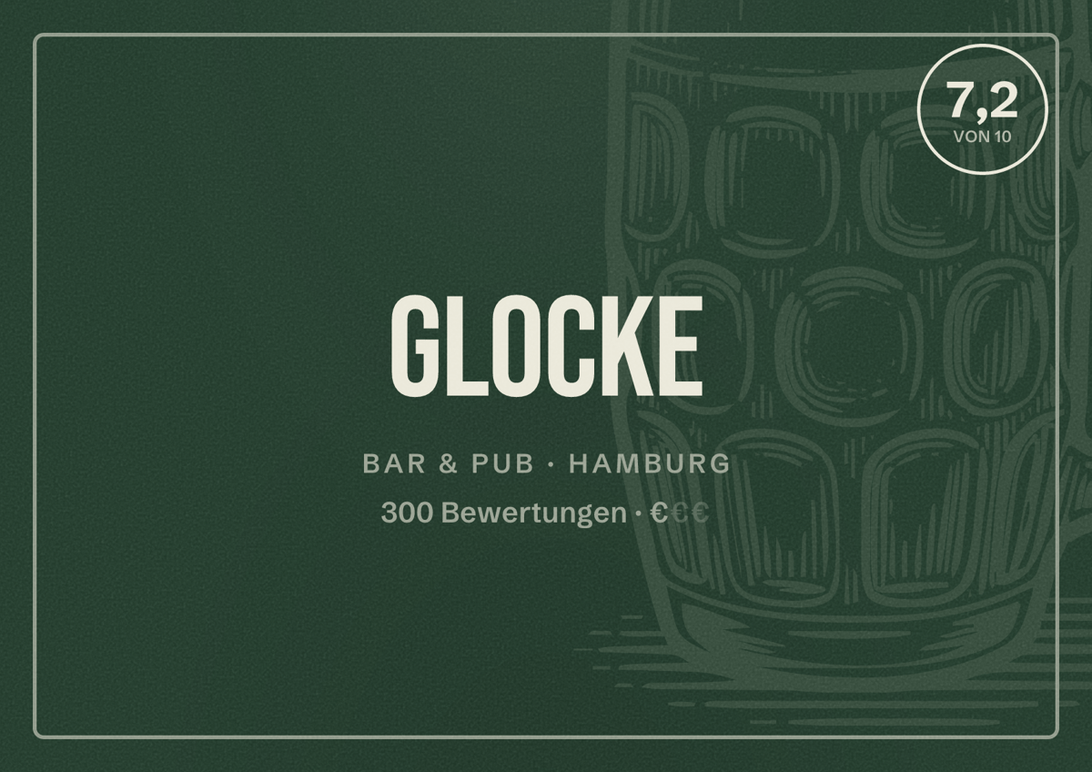 Illustriertes Poster von Glocke, Bar & Pub in Hamburg: Bewertung 7,2 von 10 aus 300 Bewertungen, Preisniveau €
