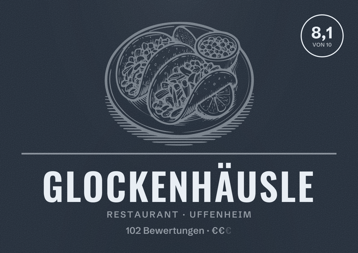 Illustriertes Poster von Glockenhäusle, Restaurant in Uffenheim: Bewertung 8,1 von 10 aus 102 Bewertungen, Preisniveau €€