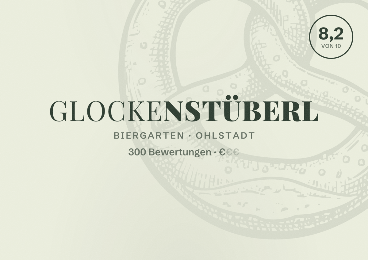 Illustriertes Poster von Glockenstüberl, Biergarten in Ohlstadt: Bewertung 8,2 von 10 aus 300 Bewertungen, Preisniveau €