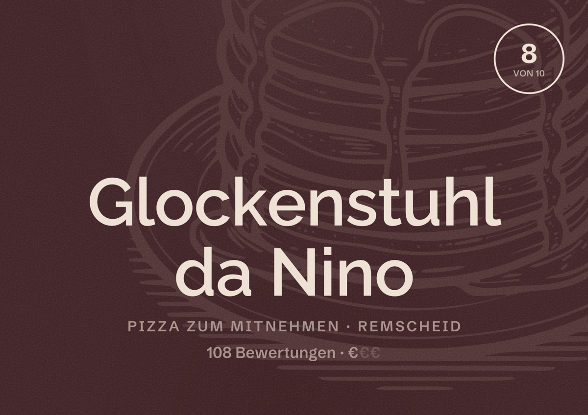 Illustriertes Poster von Glockenstuhl da Nino, Pizza zum Mitnehmen in Remscheid: Bewertung 8 von 10 aus 108 Bewertungen, Preisniveau €