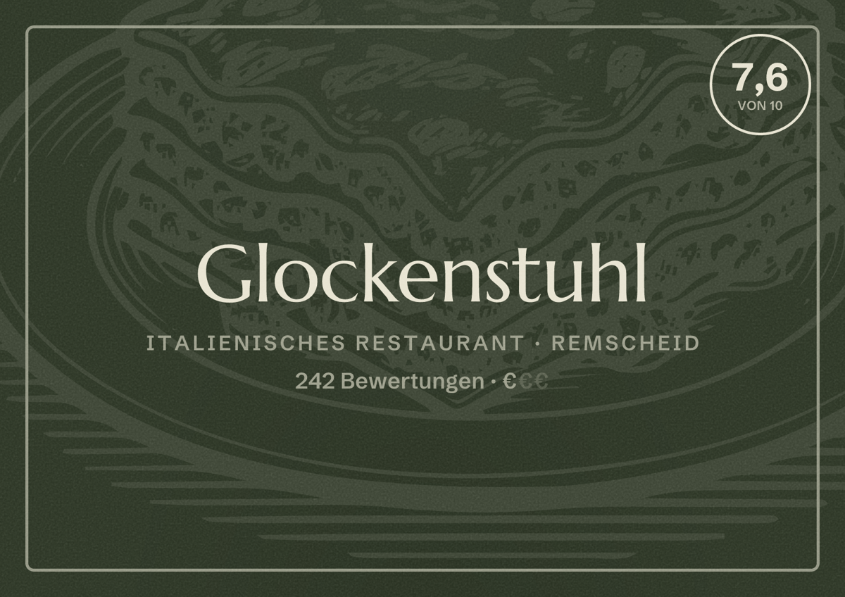 Illustriertes Poster von Glockenstuhl, Italienisches Restaurant in Remscheid: Bewertung 7,6 von 10 aus 242 Bewertungen, Preisniveau €