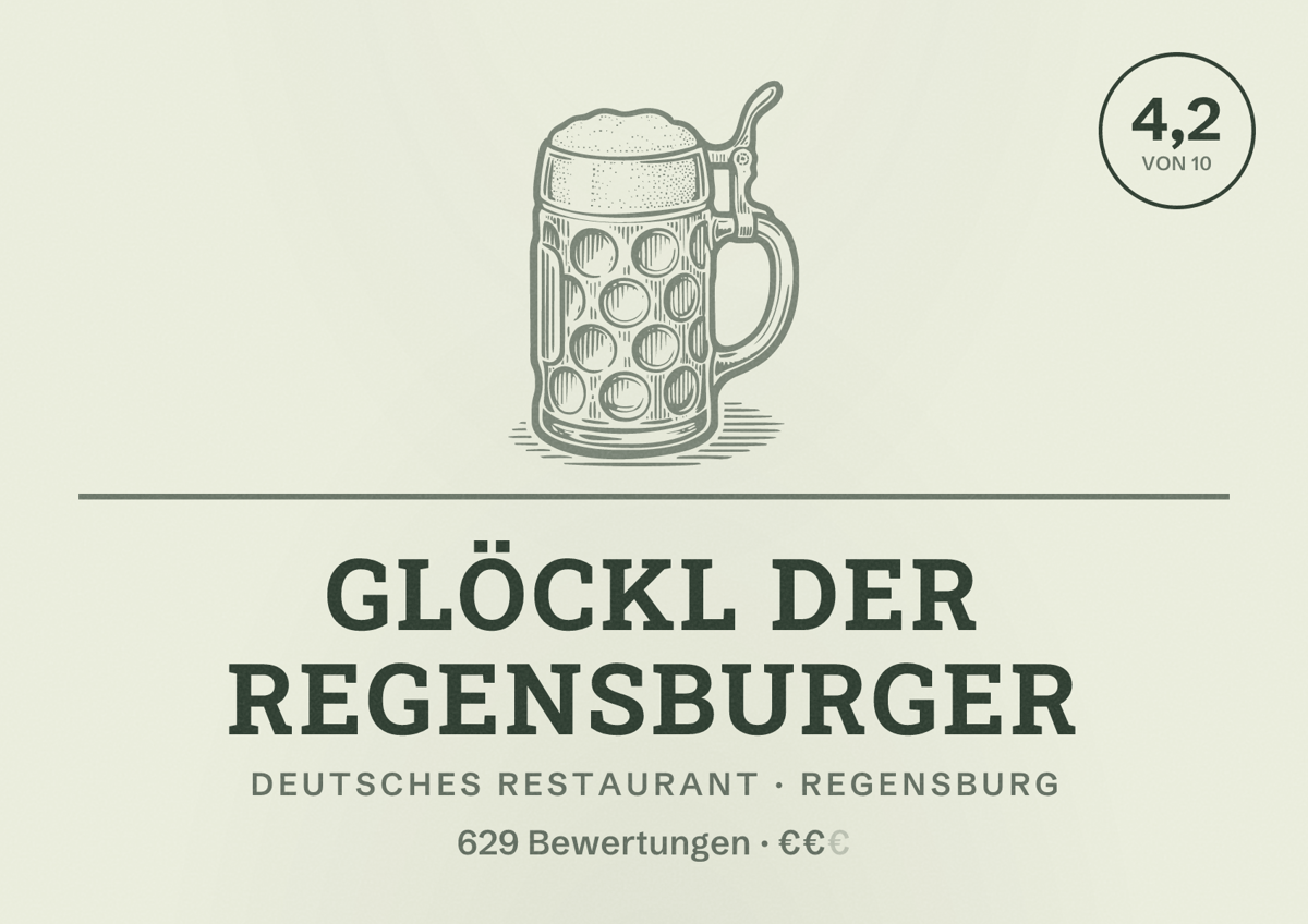 Illustriertes Poster von Glöckl der regensburger, Deutsches Restaurant in Regensburg: Bewertung 4,2 von 10 aus 629 Bewertungen, Preisniveau €€