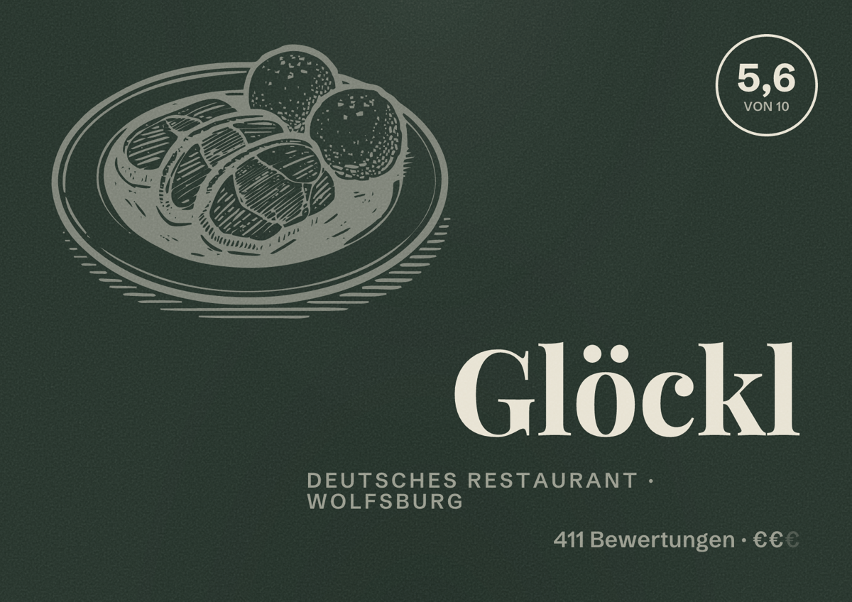 Illustriertes Poster von Glöckl, Deutsches Restaurant in Wolfsburg: Bewertung 5,6 von 10 aus 411 Bewertungen, Preisniveau €€
