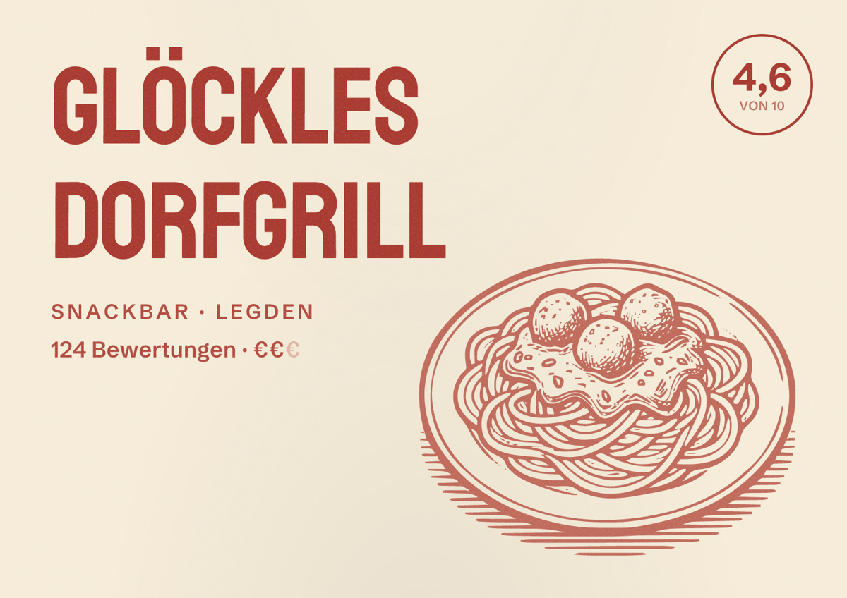 Illustriertes Poster von Glöckles Dorfgrill, Snackbar in Legden: Bewertung 4,6 von 10 aus 124 Bewertungen, Preisniveau €€