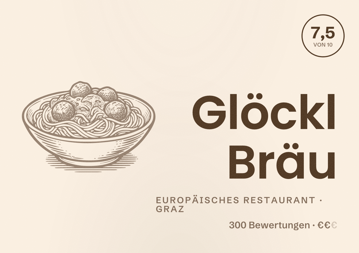 Illustriertes Poster von Glöckl Bräu, Europäisches Restaurant in Graz: Bewertung 7,5 von 10 aus 300 Bewertungen, Preisniveau €€