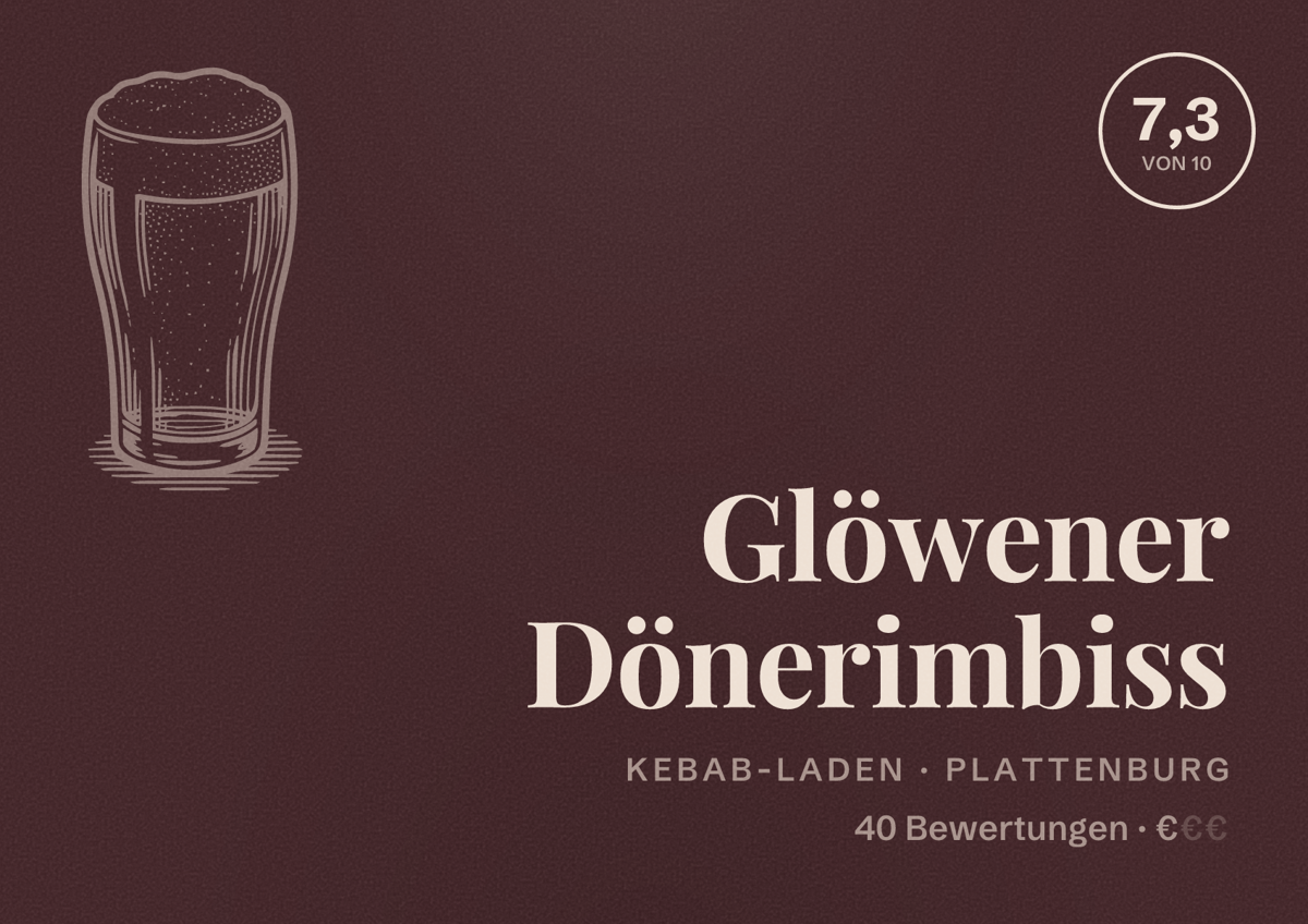 Illustriertes Poster von Glöwener Dönerimbiss, Kebab-Laden in Plattenburg: Bewertung 7,3 von 10 aus 40 Bewertungen, Preisniveau €