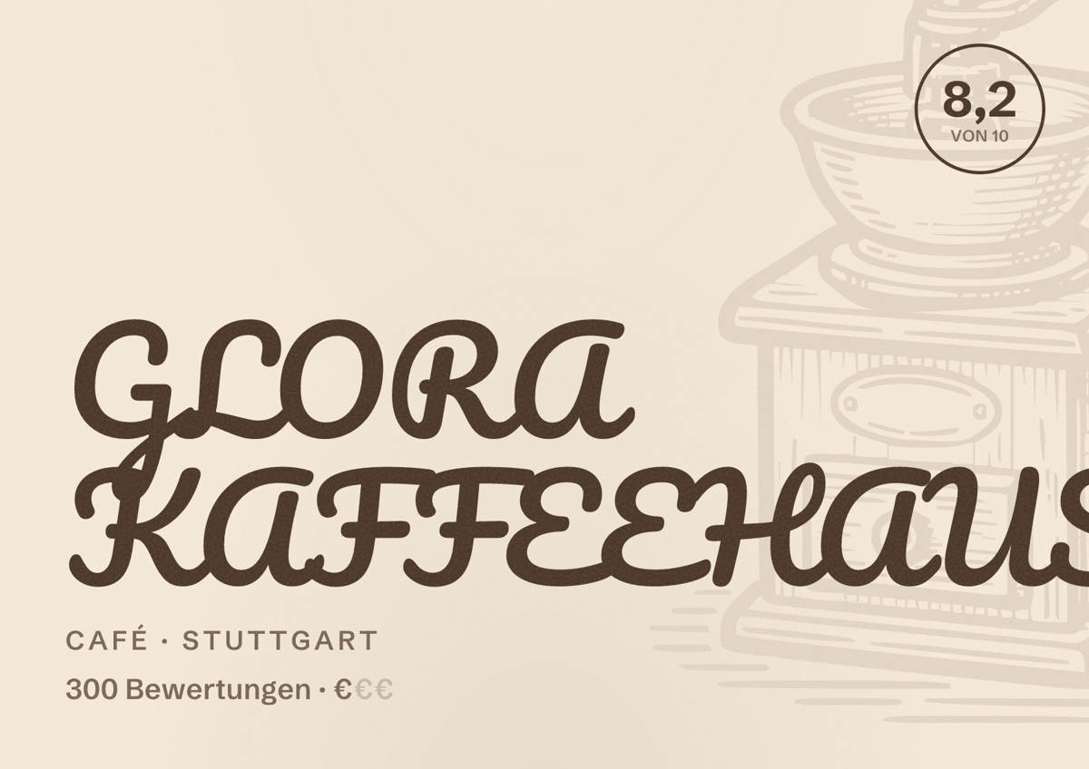 Illustriertes Poster von GLORA KAFFEEHAUS, Café in Stuttgart: Bewertung 8,2 von 10 aus 300 Bewertungen, Preisniveau €