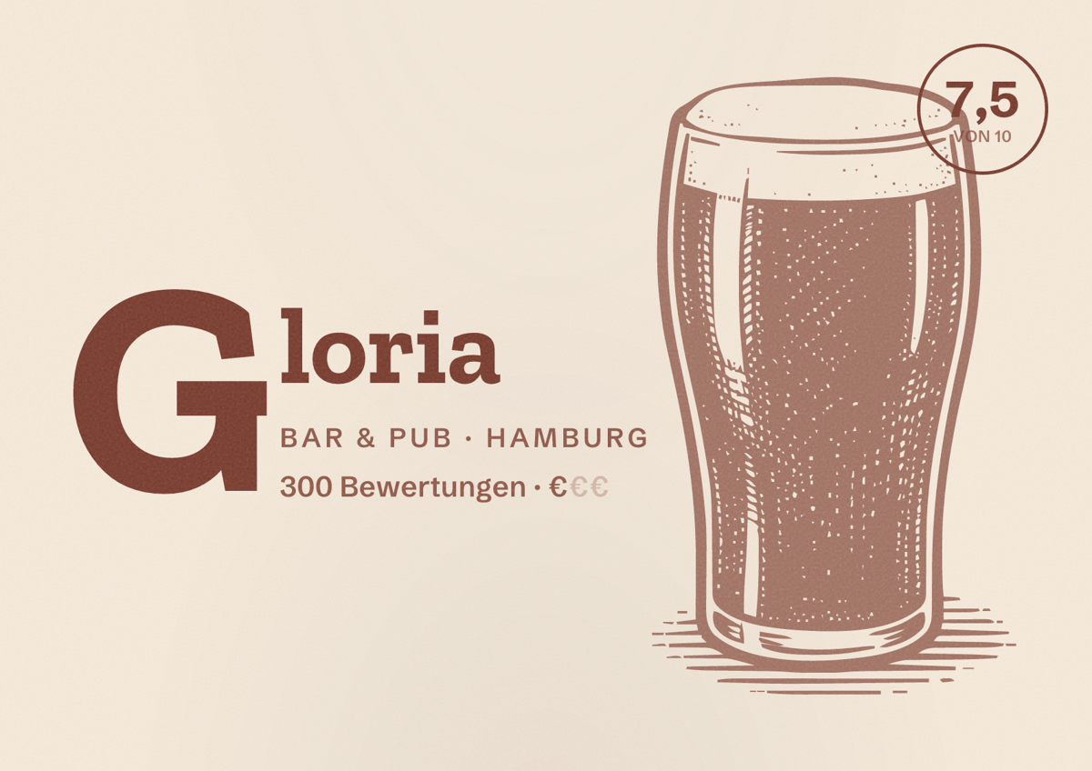 Illustriertes Poster von Gloria, Bar & Pub in Hamburg: Bewertung 7,5 von 10 aus 300 Bewertungen, Preisniveau €
