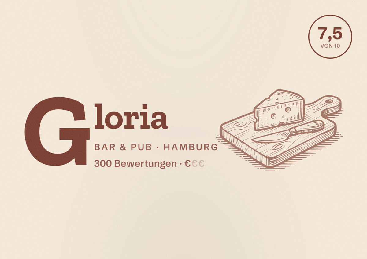 Illustriertes Poster von Gloria, Bar & Pub in Hamburg: Bewertung 7,5 von 10 aus 300 Bewertungen, Preisniveau €