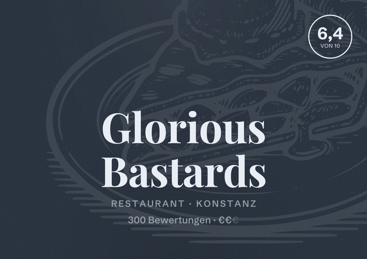 Illustriertes Poster von Glorious Bastards, Restaurant in Konstanz: Bewertung 6,4 von 10 aus 300 Bewertungen, Preisniveau €€