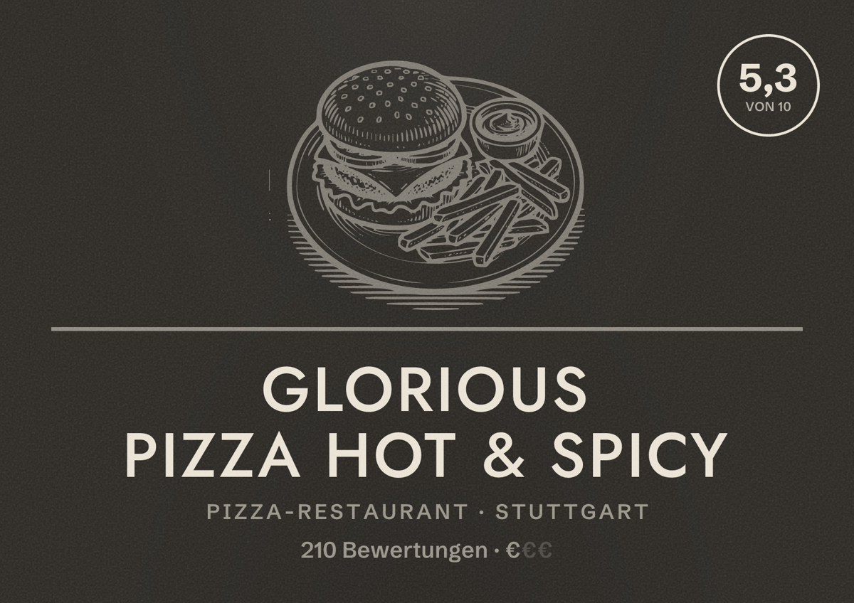 Illustriertes Poster von Glorious Pizza Hot & Spicy, Pizza-Restaurant in Stuttgart: Bewertung 5,3 von 10 aus 210 Bewertungen, Preisniveau €