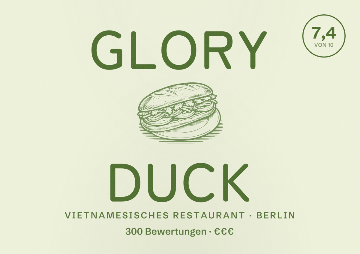 Illustriertes Poster von Glory Duck, Vietnamesisches Restaurant in Berlin: Bewertung 7,4 von 10 aus 300 Bewertungen, Preisniveau €€€