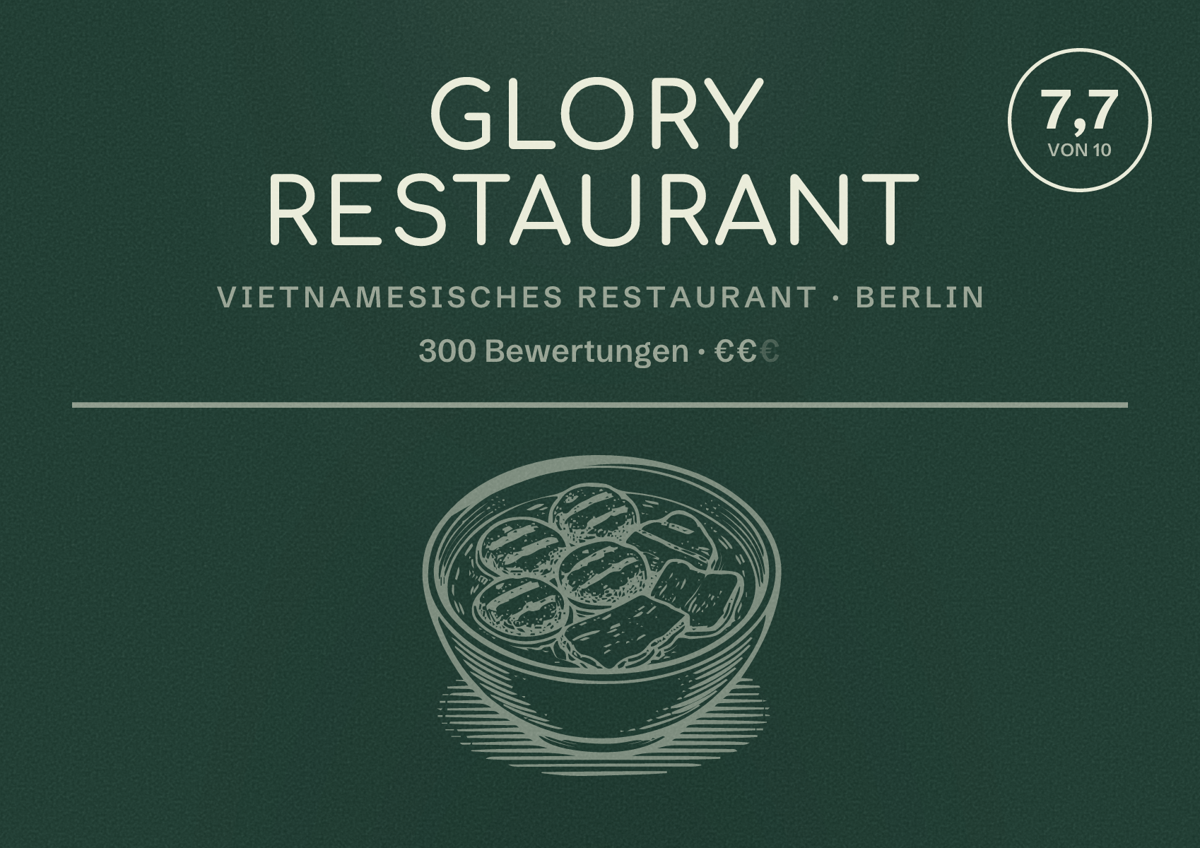 Illustriertes Poster von Glory Restaurant, Vietnamesisches Restaurant in Berlin: Bewertung 7,7 von 10 aus 300 Bewertungen, Preisniveau €€