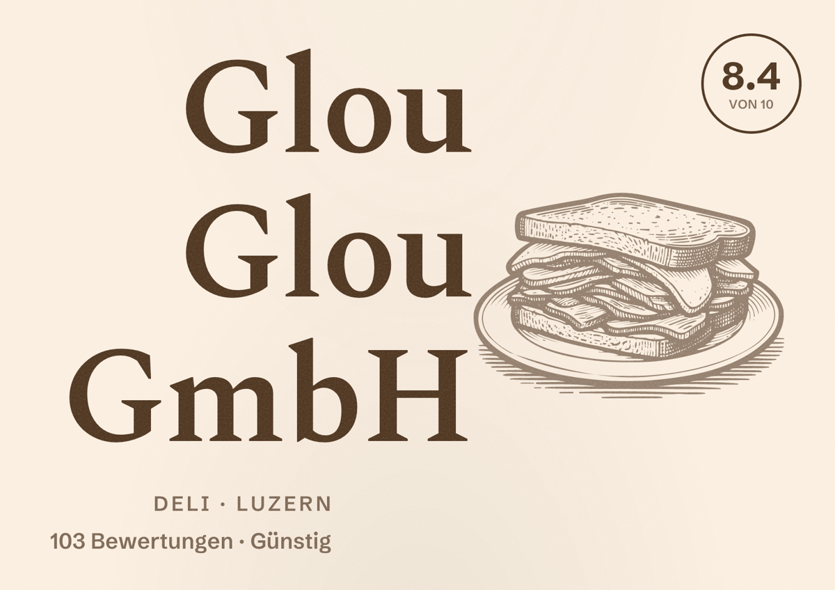 Illustriertes Poster von Glou Glou GmbH, Deli in Luzern: Bewertung 8.4 von 10 aus 103 Bewertungen, Preisniveau Günstig