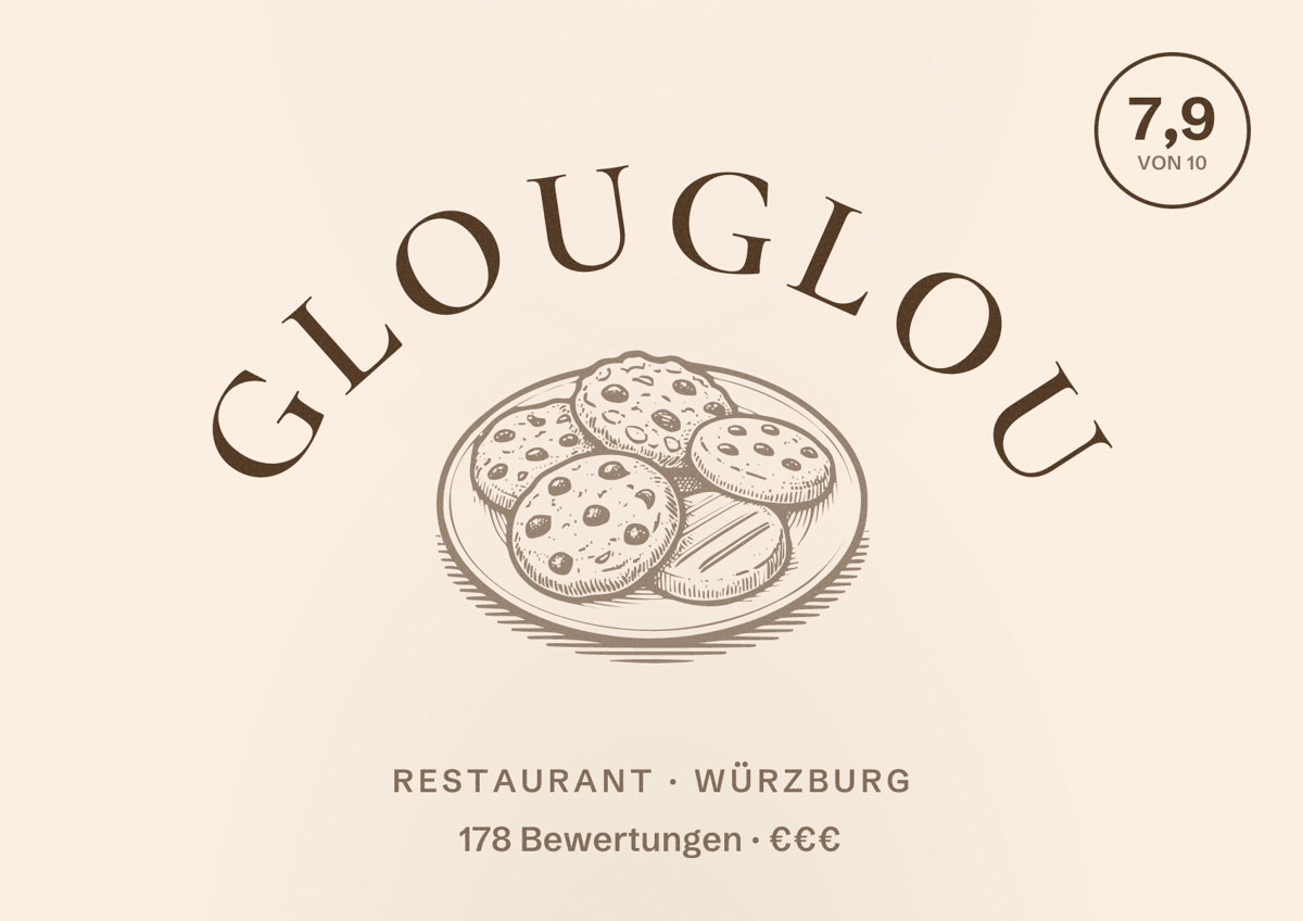 Illustriertes Poster von glouglou, Restaurant in Würzburg: Bewertung 7,9 von 10 aus 178 Bewertungen, Preisniveau €€€