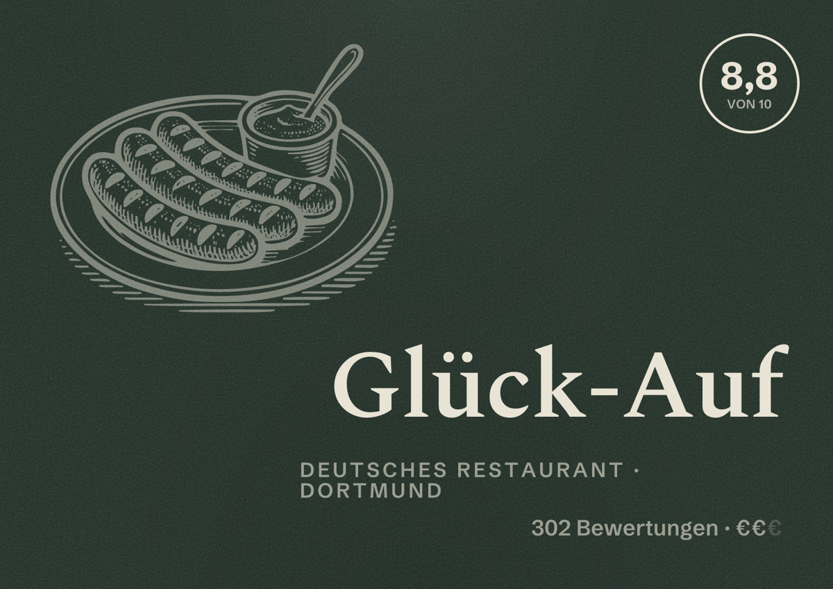 Illustriertes Poster von Glück-Auf, Deutsches Restaurant in Dortmund: Gästebewertung 8,8 von 10 aus 302 Bewertungen