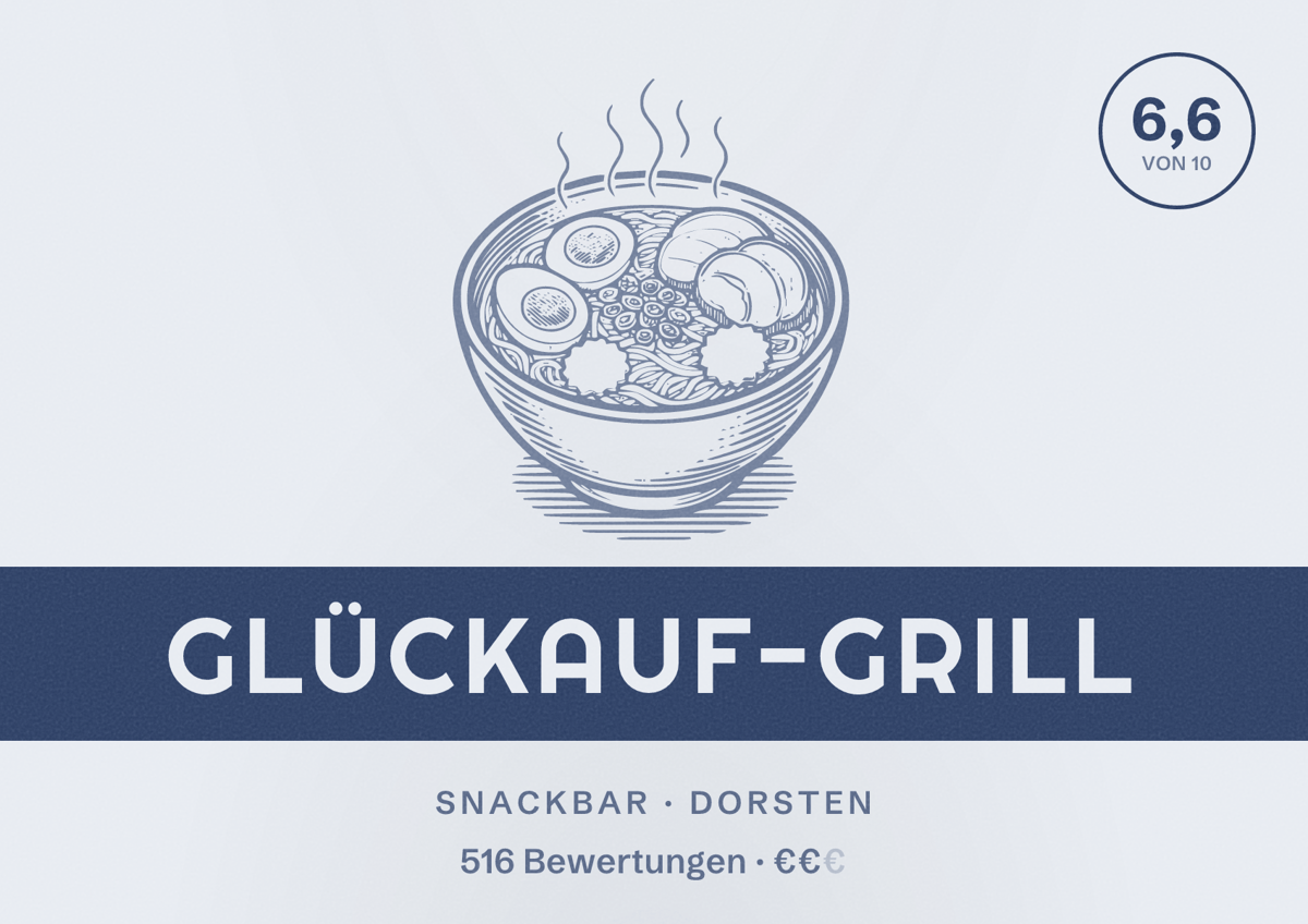 Illustriertes Poster von Glückauf-Grill, Snackbar in Dorsten: Bewertung 6,6 von 10 aus 516 Bewertungen, Preisniveau €€